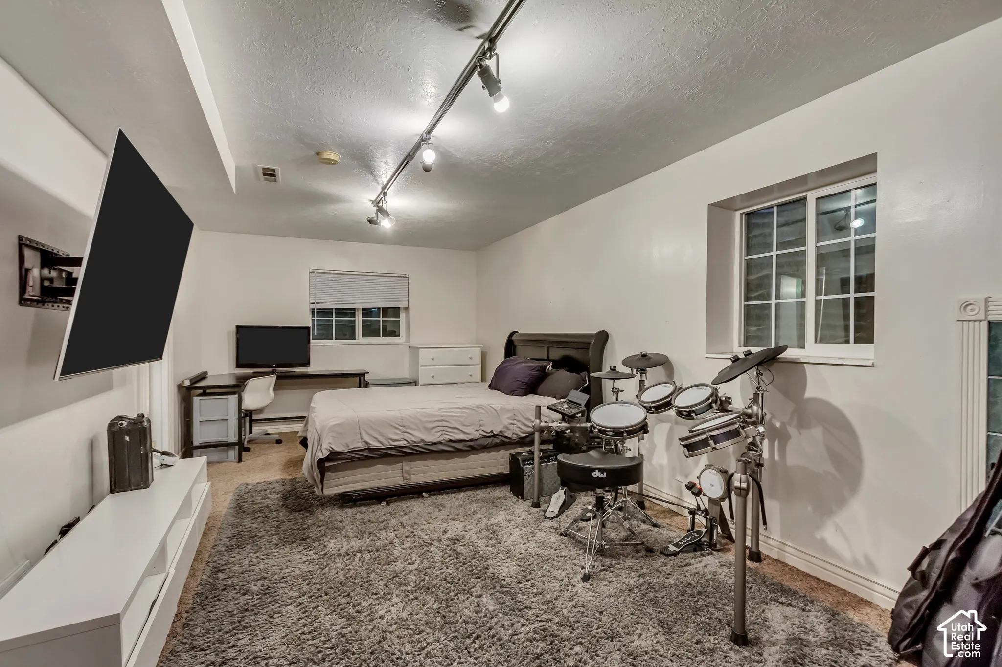 Multi-light track lighting system, neutral wall finishes, and multiple grid-pattern windows