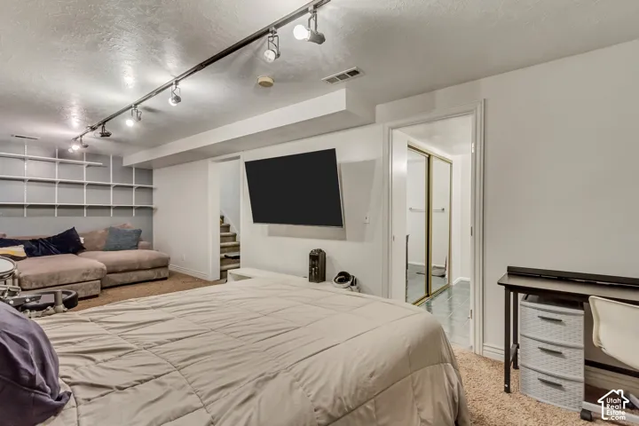 Room featuring ceiling-mounted track lighting, wall-mounted shelving units, and a sliding-door closet with metallic trim