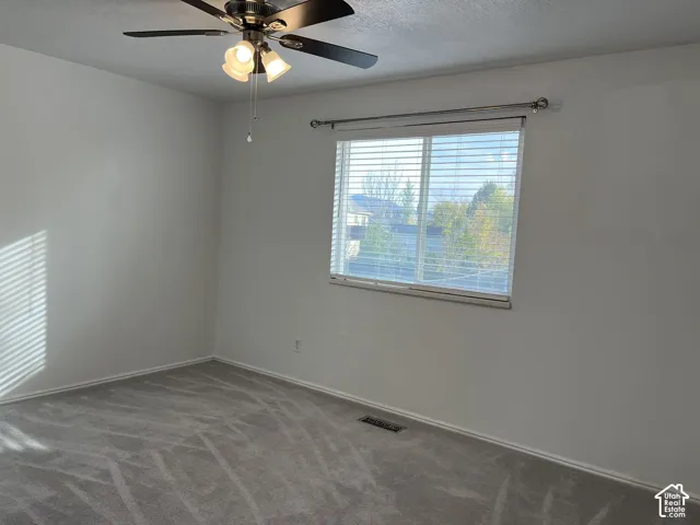 Room featuring neutral carpet, a ceiling fan with multi-light fixture, and a large window equipped with horizontal blinds