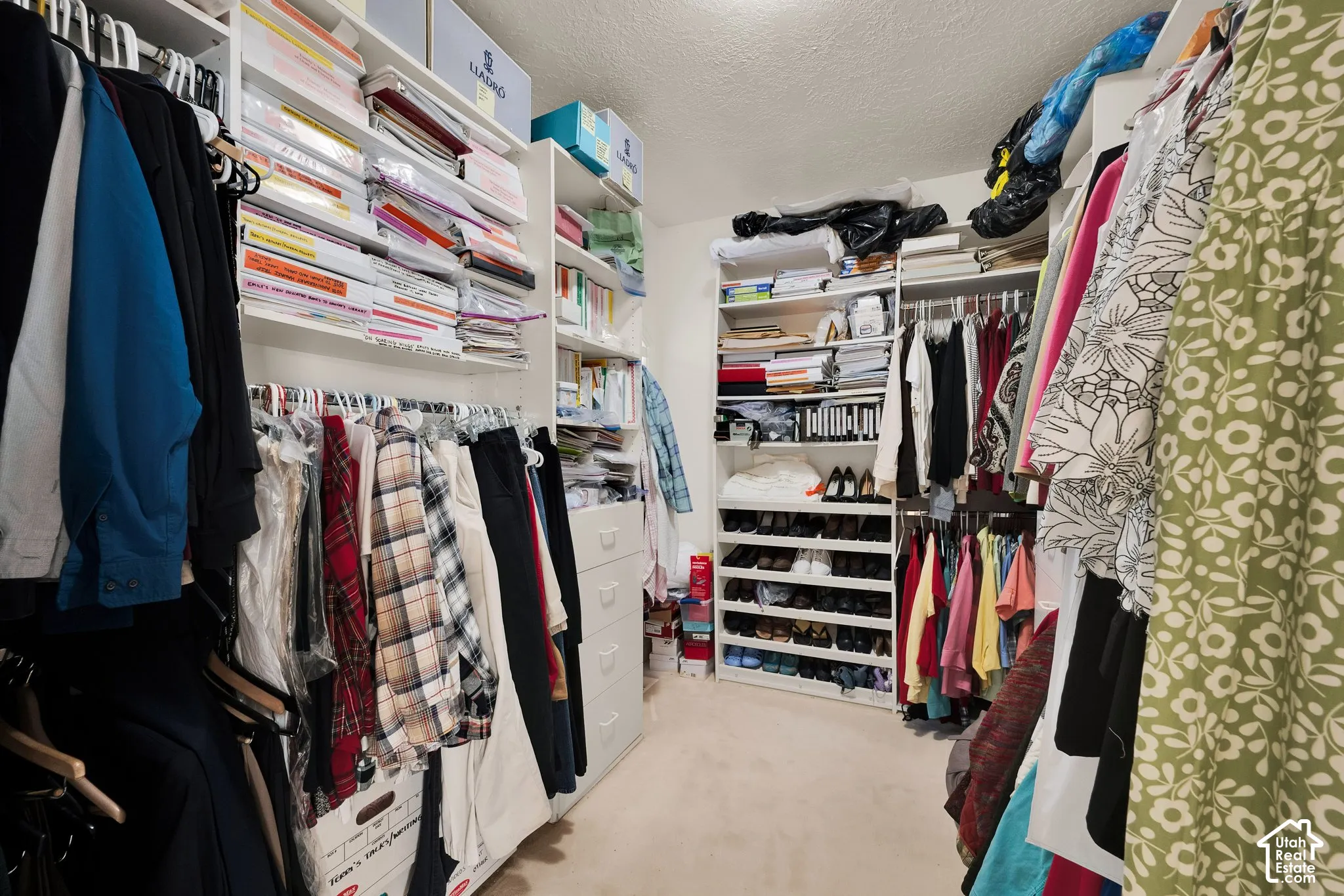 Walk-in closet featuring extensive custom white built-in shelving, adjustable hanging rods, and integrated storage drawers