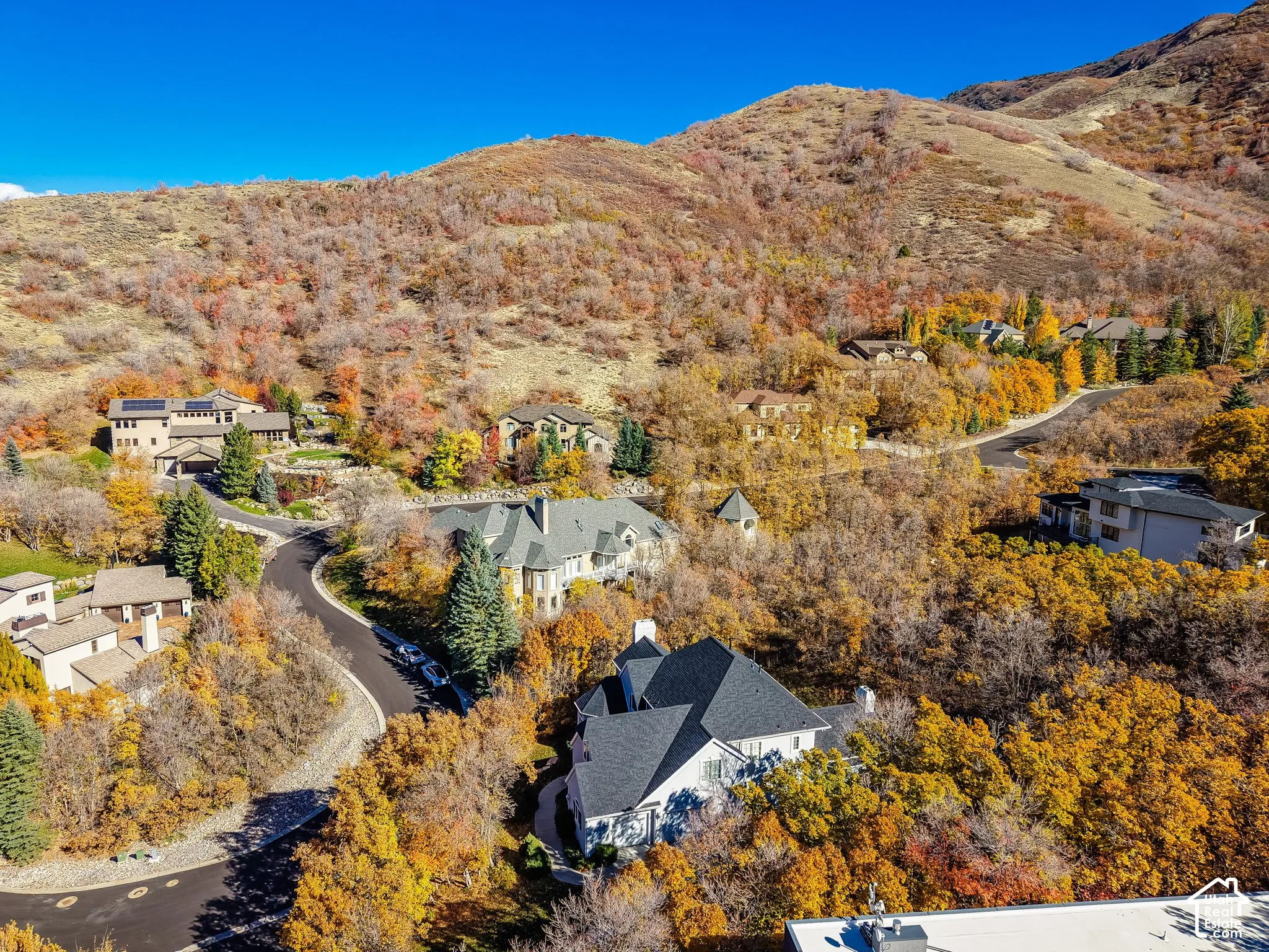 Aerial perspective featuring mountainous terrain, mature deciduous trees, and winding paved roadways