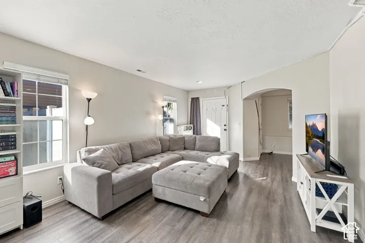 Wood-finish flooring, recessed lighting, arched entryway, and multiple double-pane windows