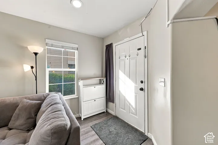 Entry featuring wood-finish flooring, multi-pane window, and neutral wall tones