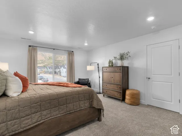 Neutral-toned carpeting, recessed ceiling lighting, and a single-panel interior door