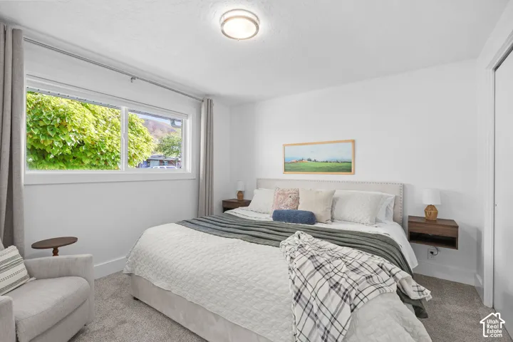 Neutral interior featuring carpeted flooring, a flush-mount ceiling light fixture, and large horizontal window with natural landscape scenery