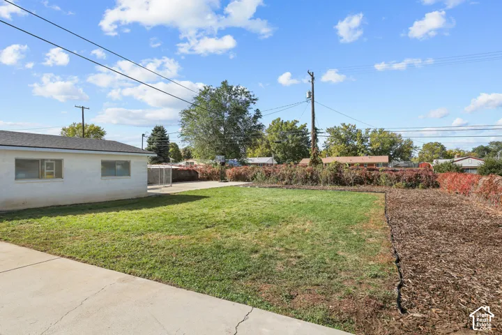 Backyard featuring a grass lawn, concrete patio, mulch garden beds, and perimeter shrubs