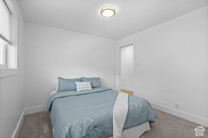 Neutral-toned wall-to-wall carpeting, clean white walls, minimalist flush-mount ceiling lighting, and a sliding pocket door