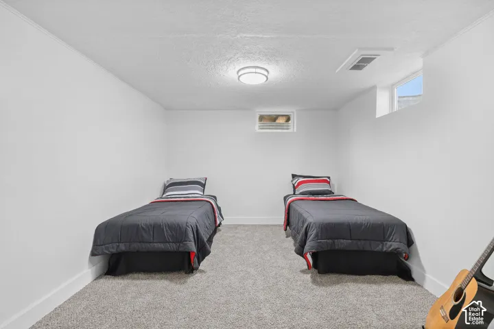 Room featuring neutral wall-to-wall carpeting, crisp white walls, and dual recessed windows