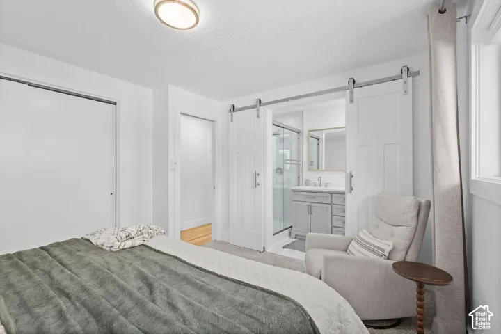 Dual white sliding barn doors, vanity with stone countertop, glass-enclosed shower, and neutral wall-to-wall carpeting