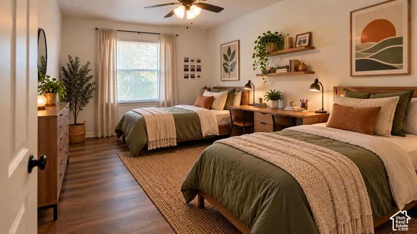 Wood-finish flooring, multi-light ceiling fan, and window featuring neutral-toned curtains