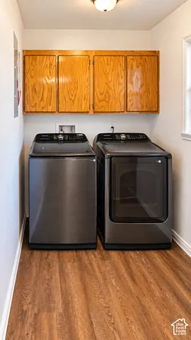 Laundry area featuring wood-finish flooring, wall-mounted wood cabinetry, and recessed ceiling lighting