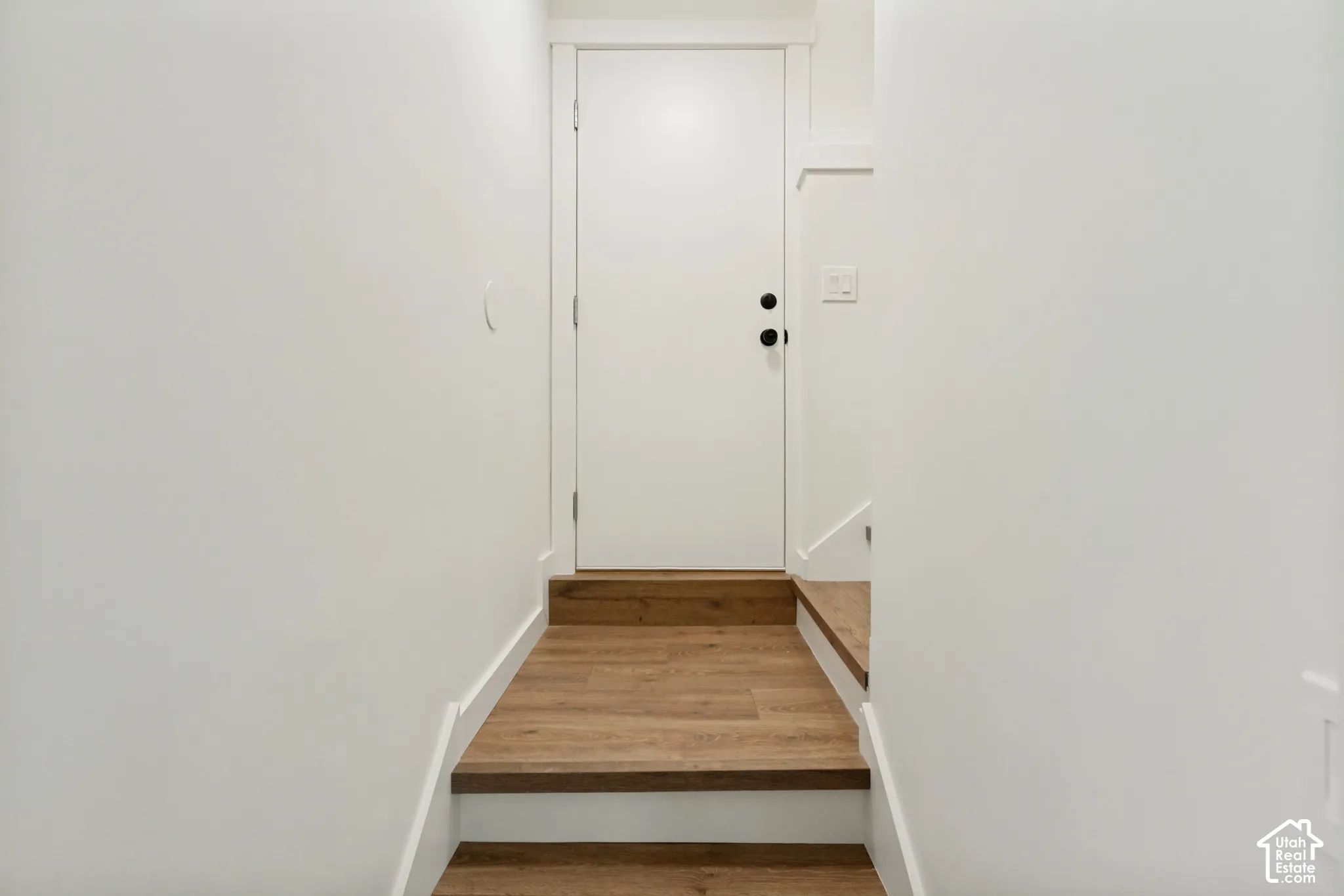 Interior doorway featuring a white slab door with matte black hardware, wood-finish flooring, and crisp white trim