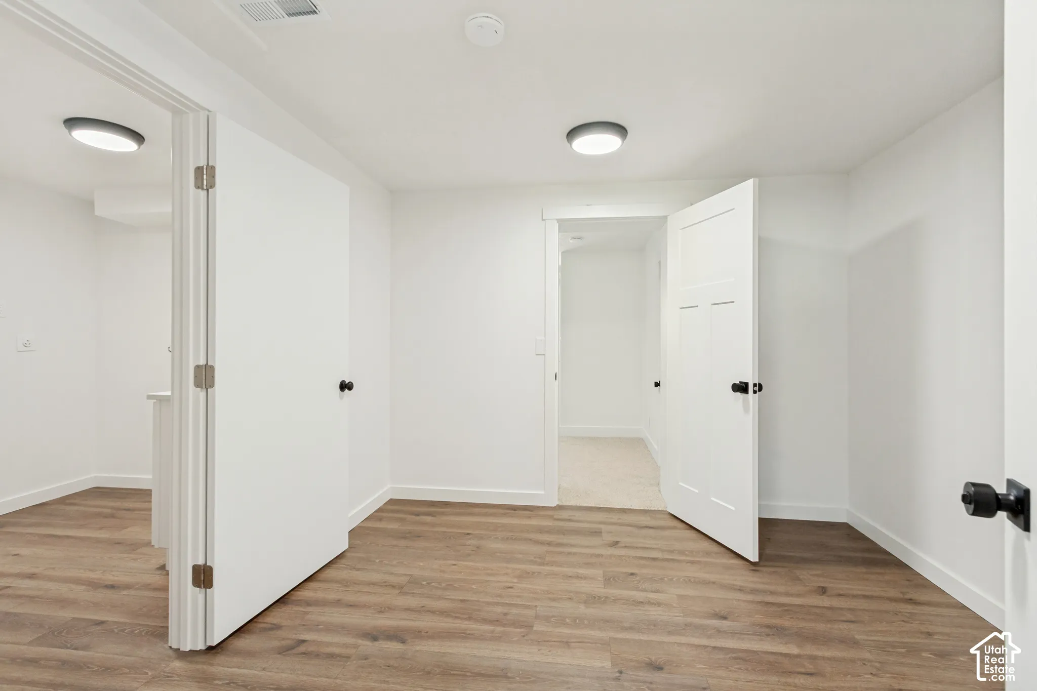 Interior space featuring wood-finish flooring, white panel doors with matte black hardware, and flush-mount ceiling lighting