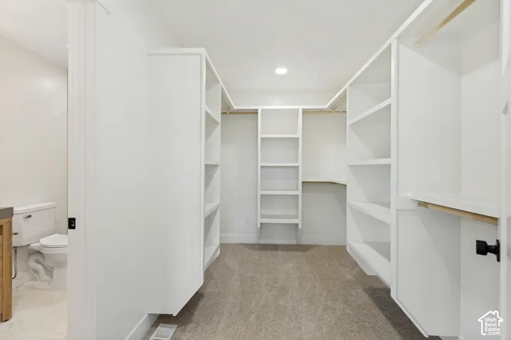 Walk-in closet featuring custom white built-in shelving, hanging rods, and neutral carpeting