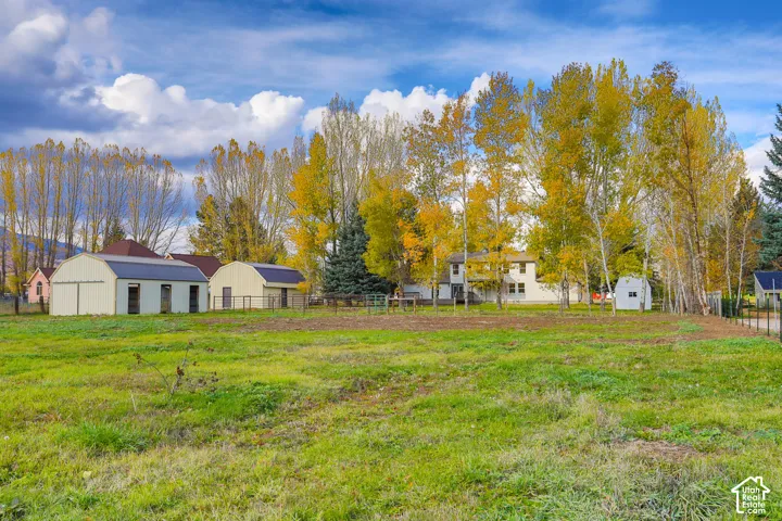Expansive rural acreage featuring mature trees, two metal-sided outbuildings, and perimeter fencing
