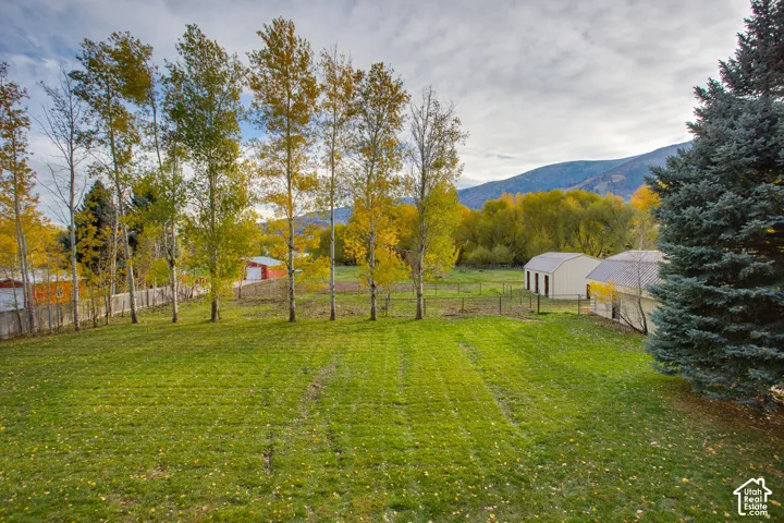 Expansive grounds featuring a manicured lawn, mature trees, mountain backdrop, fenced perimeter, and multiple detached outbuildings