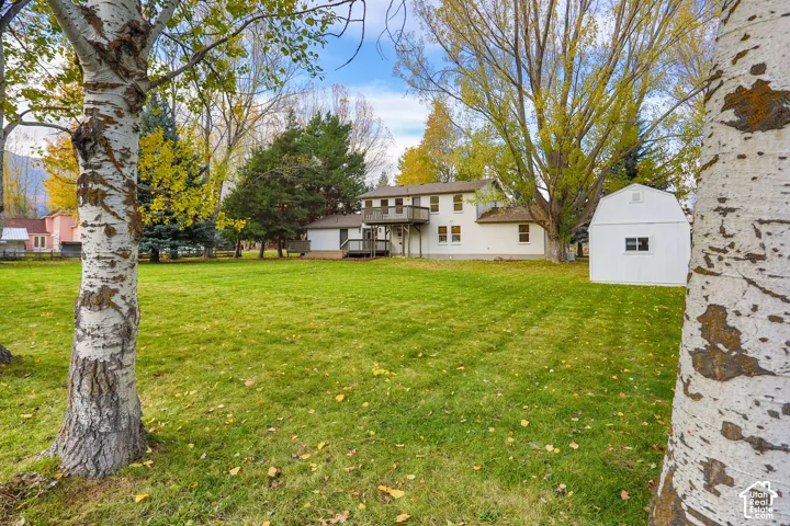 Expansive lawn featuring mature trees, a detached storage structure, and a multi-level rear wood deck