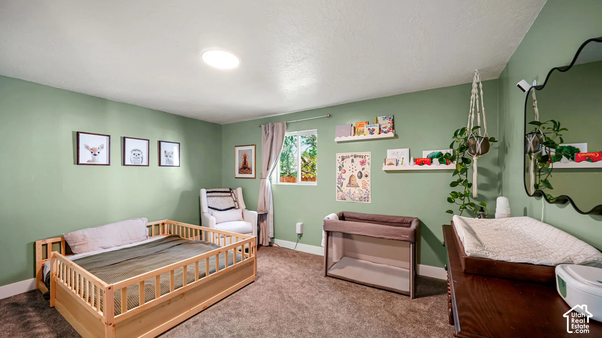 Room featuring carpeting, dual built-in wall shelves, and an asymmetrical wall-mounted mirror