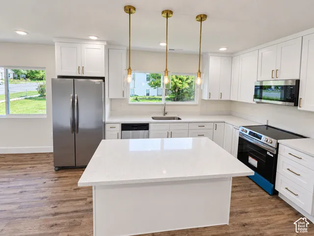 Kitchen featuring a central island with a solid surface countertop, shaker-style cabinetry, stainless steel appliances, and gold-tone pendant lighting over a wood-finish floor