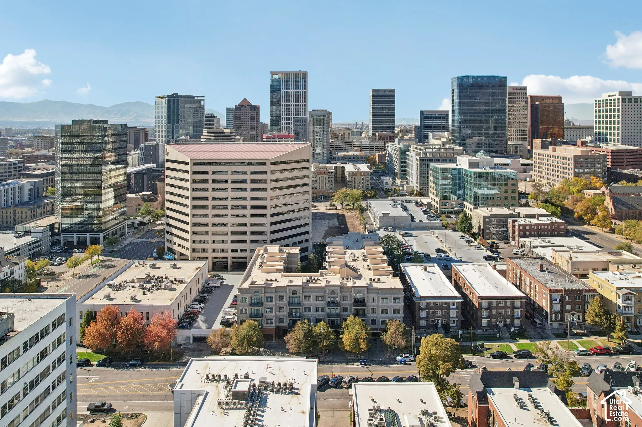 Elevated urban perspective featuring a dense metropolitan skyline and distant mountain ranges