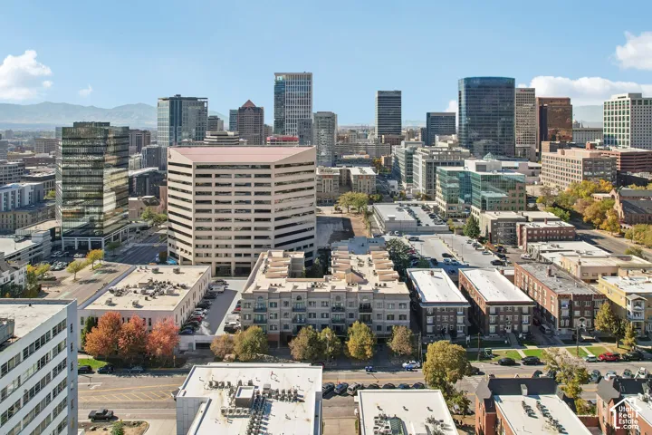 Elevated urban perspective featuring a dense metropolitan skyline and distant mountain ranges