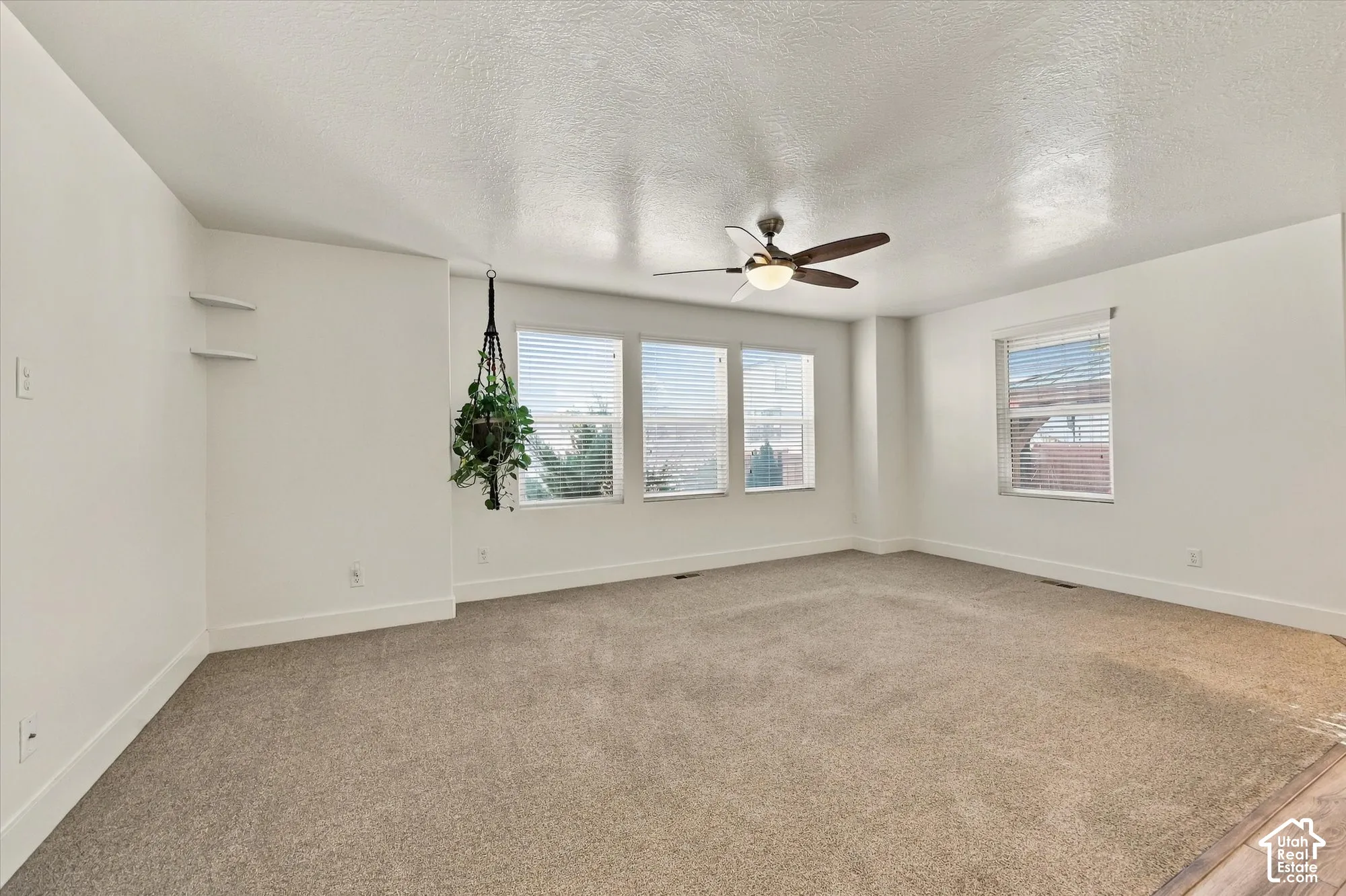 Neutral-toned wall-to-wall carpeting, four large windows with horizontal blinds, integrated ceiling fan with light fixture, and dual wall-mounted floating shelves