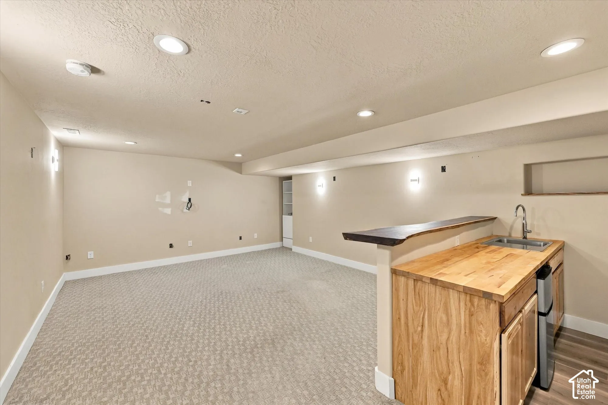 Interior space featuring recessed lighting, carpeting, and a kitchenette with a wood-top bar, wood-finish cabinetry, and a metal sink