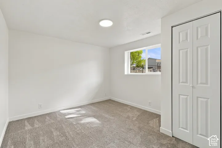 Neutral-toned carpeting, white walls, dual-panel bifold closet, and a recessed ceiling light fixture