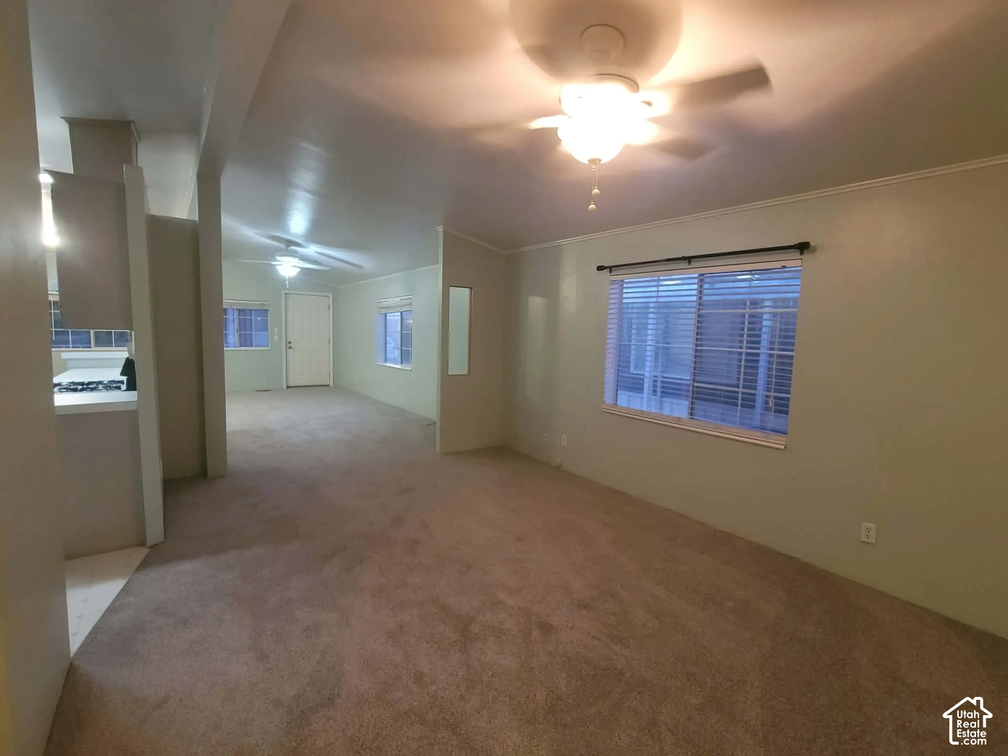 Open interior featuring neutral wall paint, carpeted flooring, two ceiling-mounted light fixtures with integrated fans, and multiple windows with horizontal blinds
