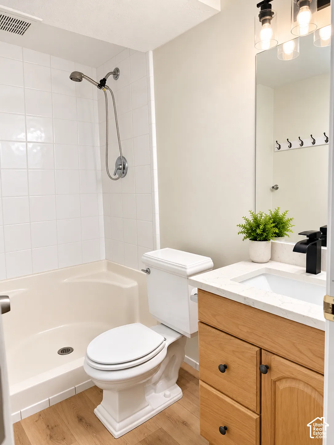 Basement bathroom, new flooring, quartz countertop, paint, lighting