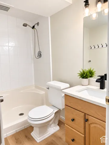 Basement bathroom, new flooring, quartz countertop, paint, lighting