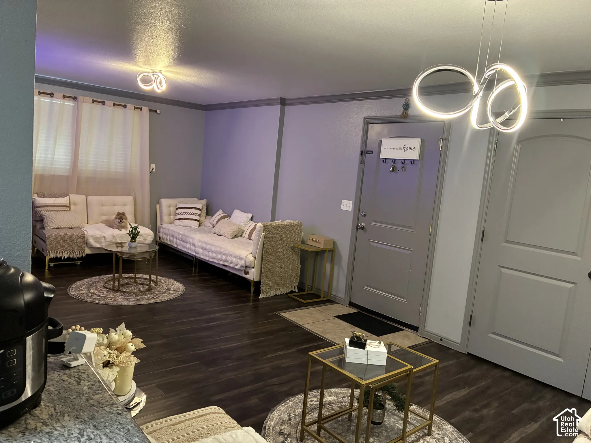 Open-concept interior featuring dark wood-finish flooring, crown molding, modern ring-style light fixtures, and solid-core interior doors