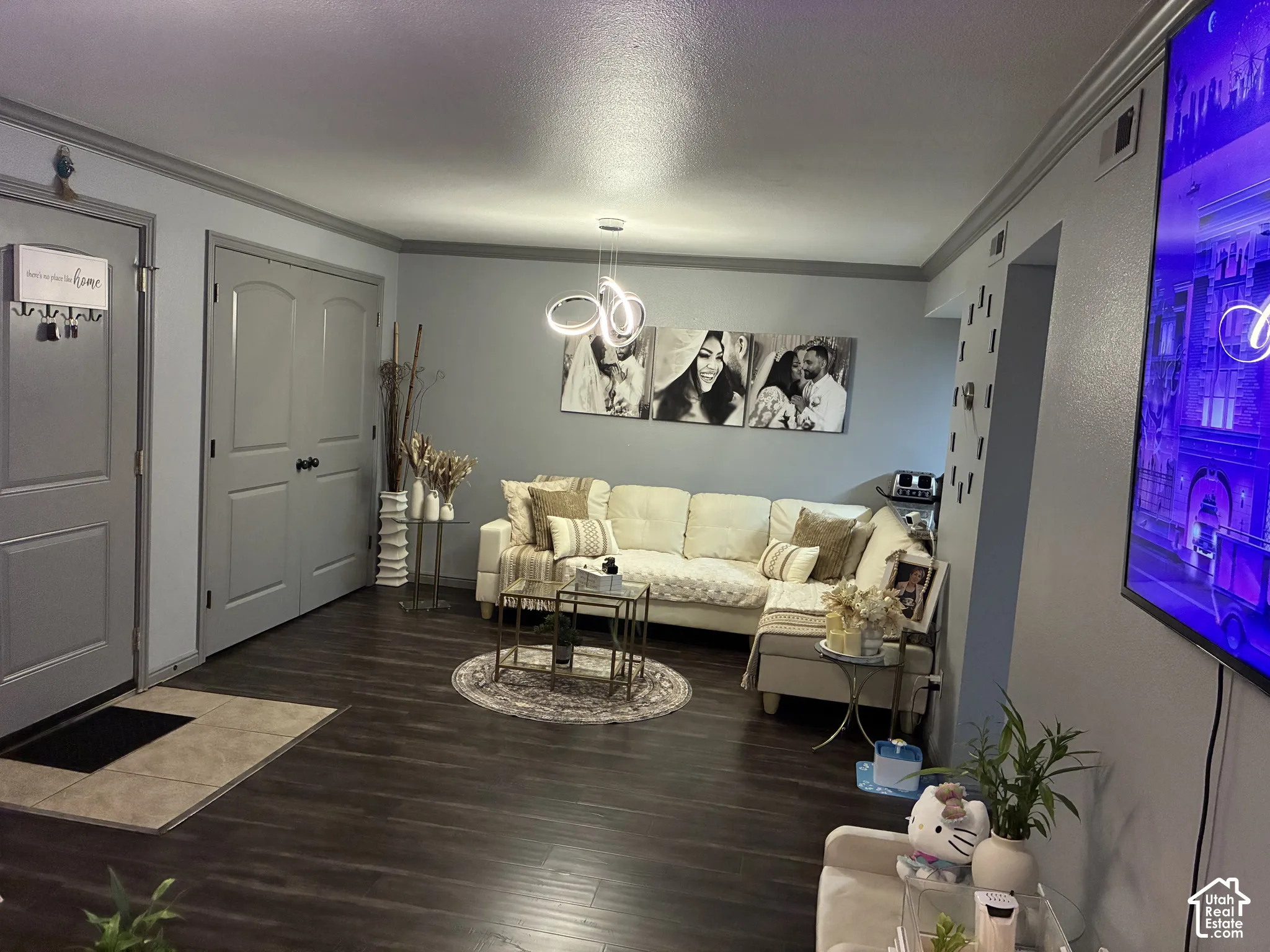 Living area featuring wood-finish flooring, crown molding, double-panel interior doors, and a contemporary multi-ring pendant light fixture