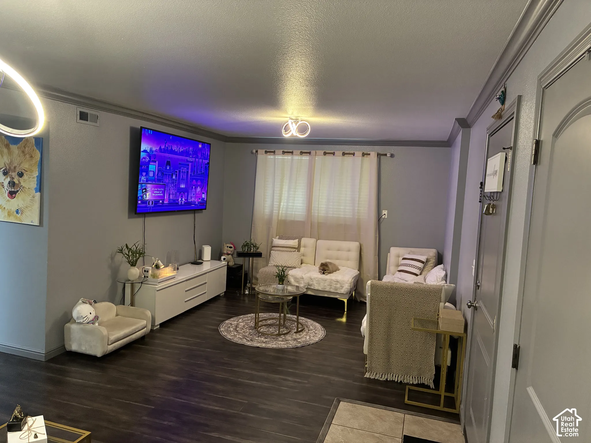Living area featuring wood-finish flooring, crown molding, and contemporary circular flush-mount lighting