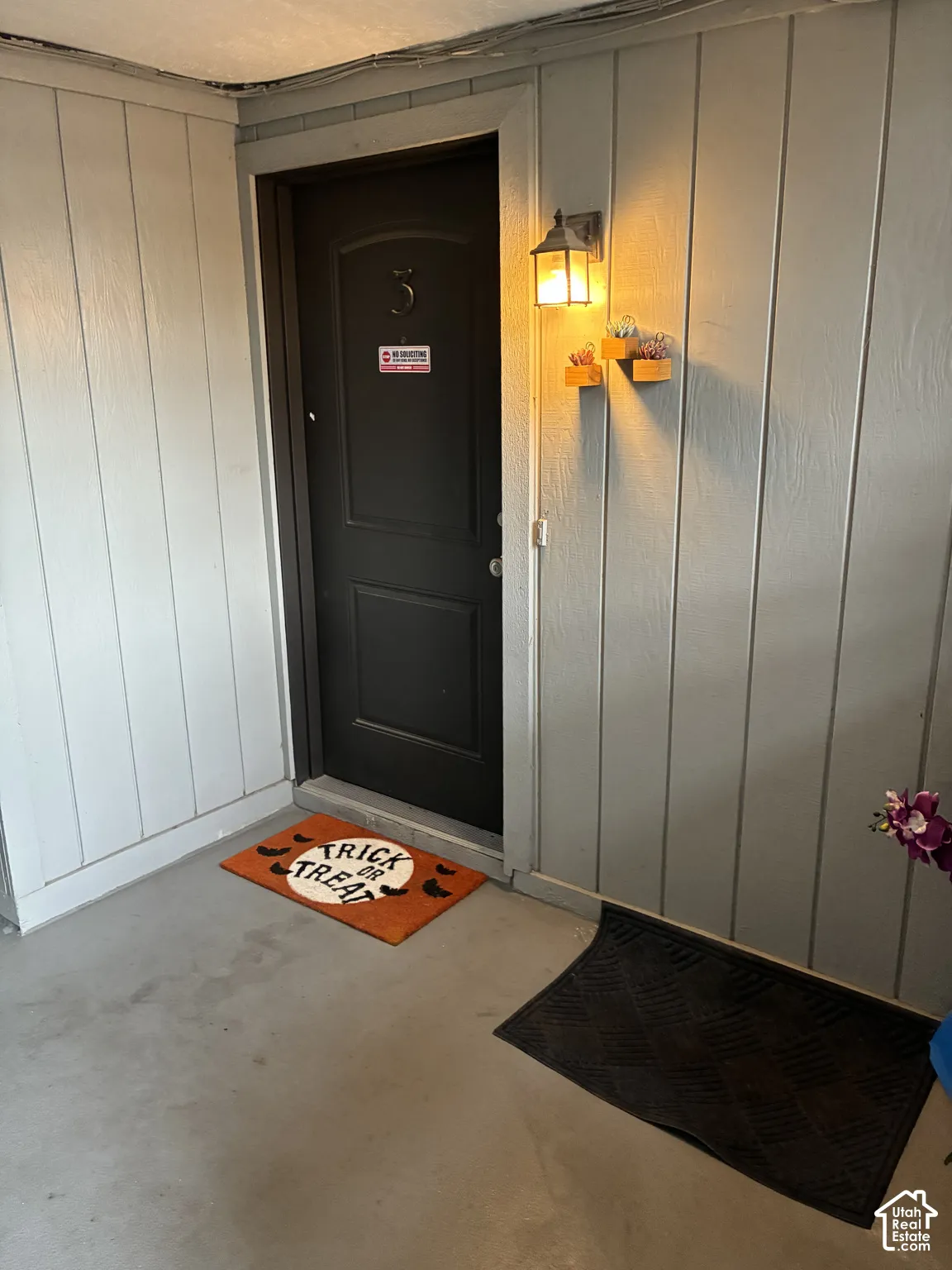 Entryway featuring vertical panel siding, a solid-core door, and an attached exterior wall-mounted lantern