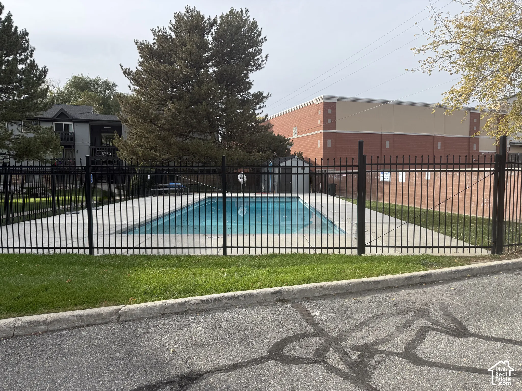 Rectangular swimming pool enclosed by metal security fencing, surrounded by a concrete deck and manicured lawn