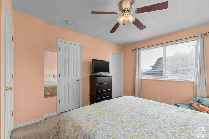 Room featuring neutral carpeting, six-panel interior doors, a multi-light ceiling fan, and a large window with natural light