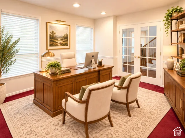 Room featuring white French doors with glass panes, recessed lighting, double windows with horizontal blinds, and chair rail molding