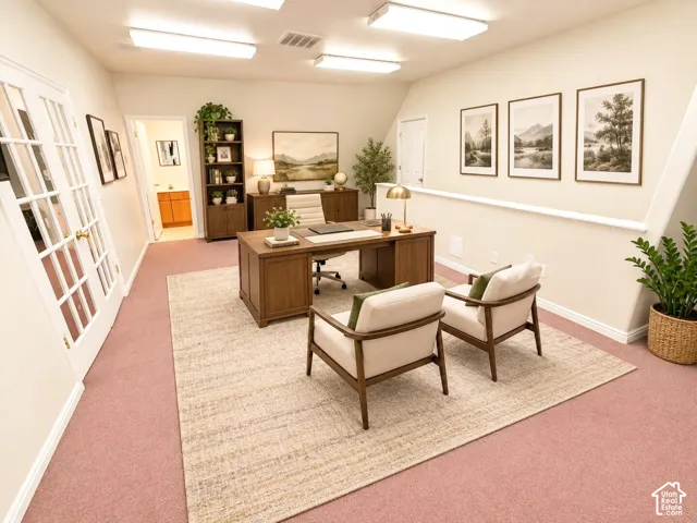 Multi-purpose room featuring neutral walls, wall-to-wall carpeting, French doors, and recessed lighting