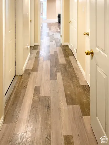 Hallway featuring wood-finish flooring and multiple paneled doors with brass-toned hardware