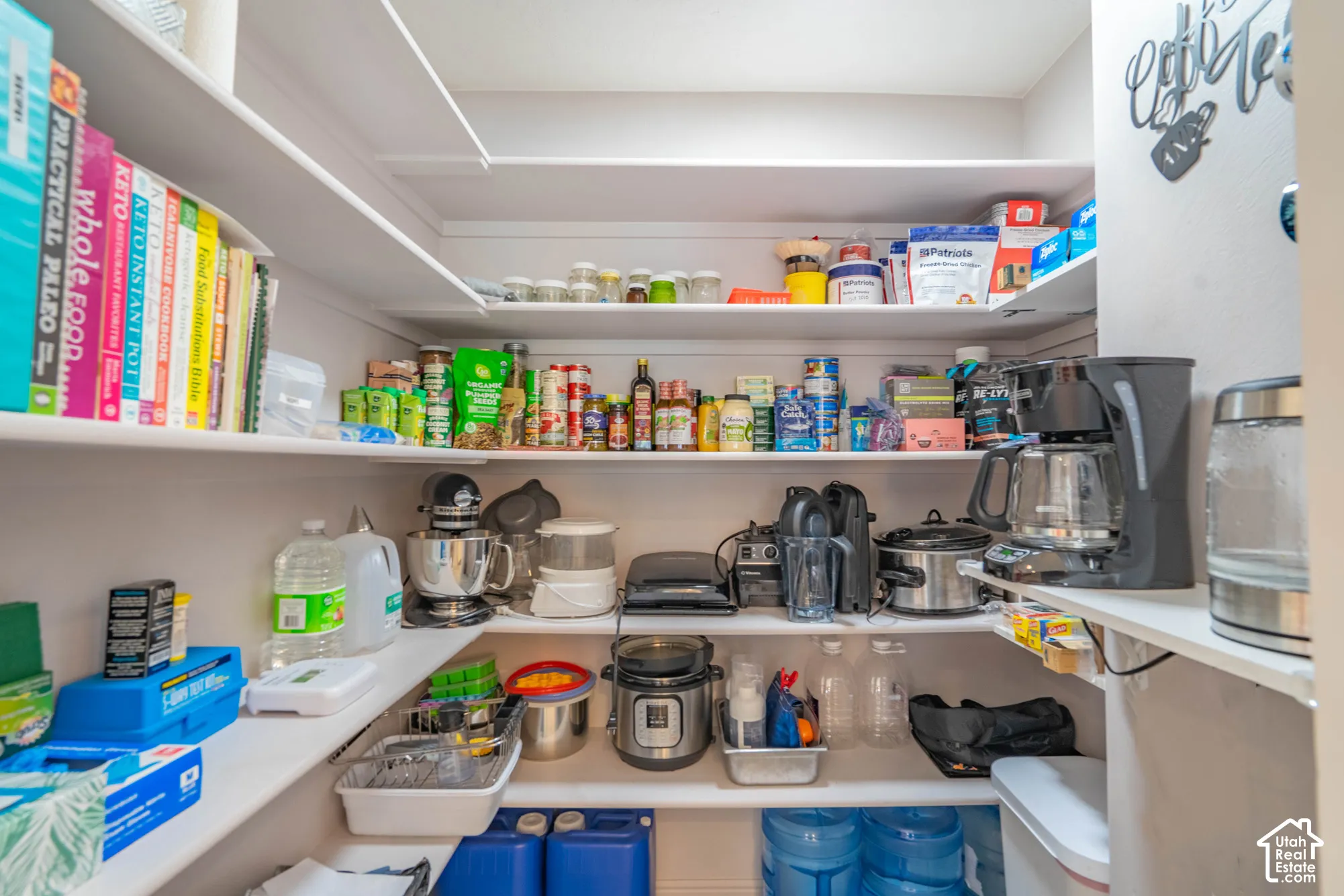 Pantry featuring multi-tiered fixed shelving and neutral-toned wall finishes