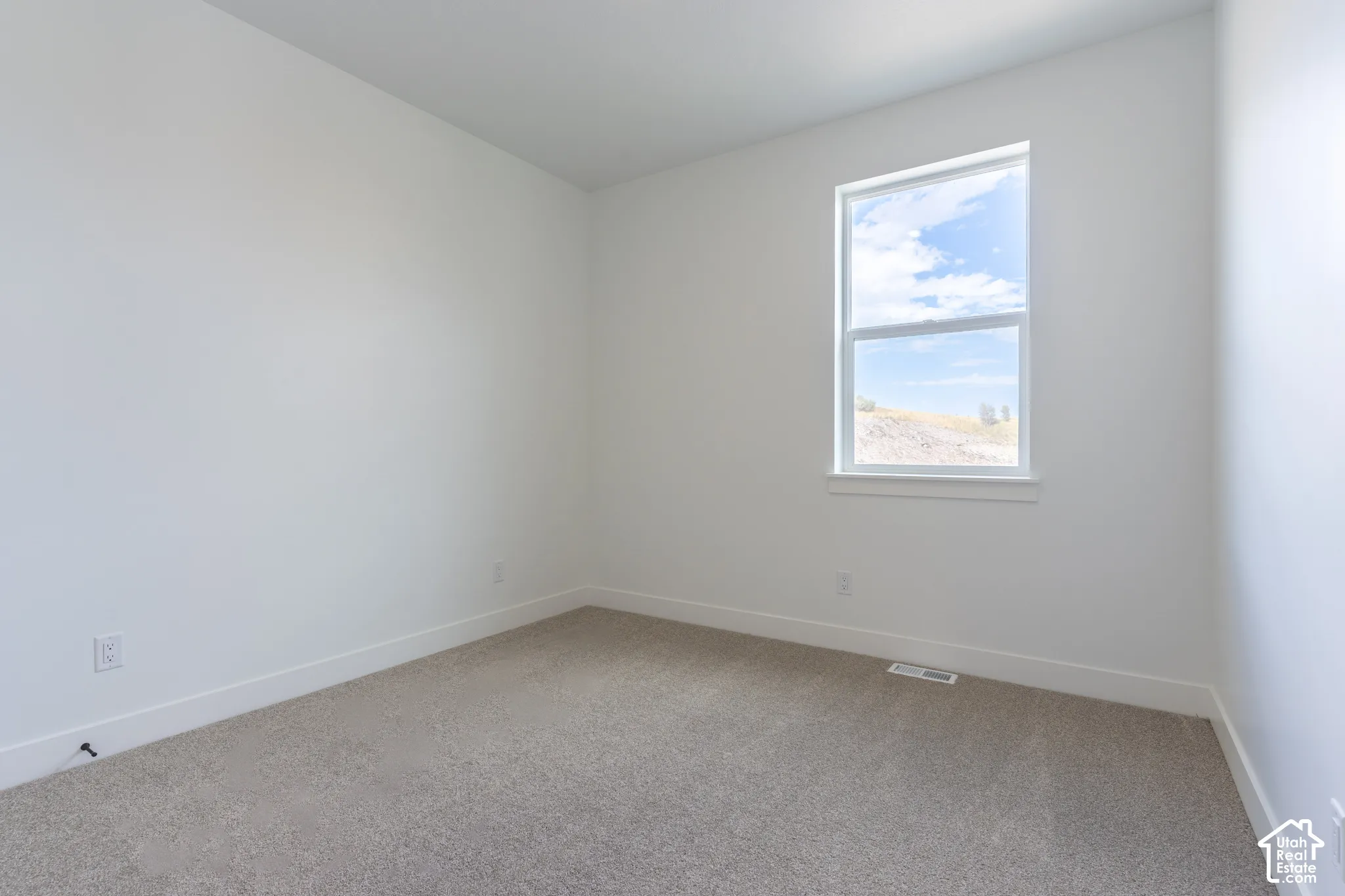 Neutral-toned carpeted flooring, white wall finishes, and a single-pane window with exterior landscape exposure
