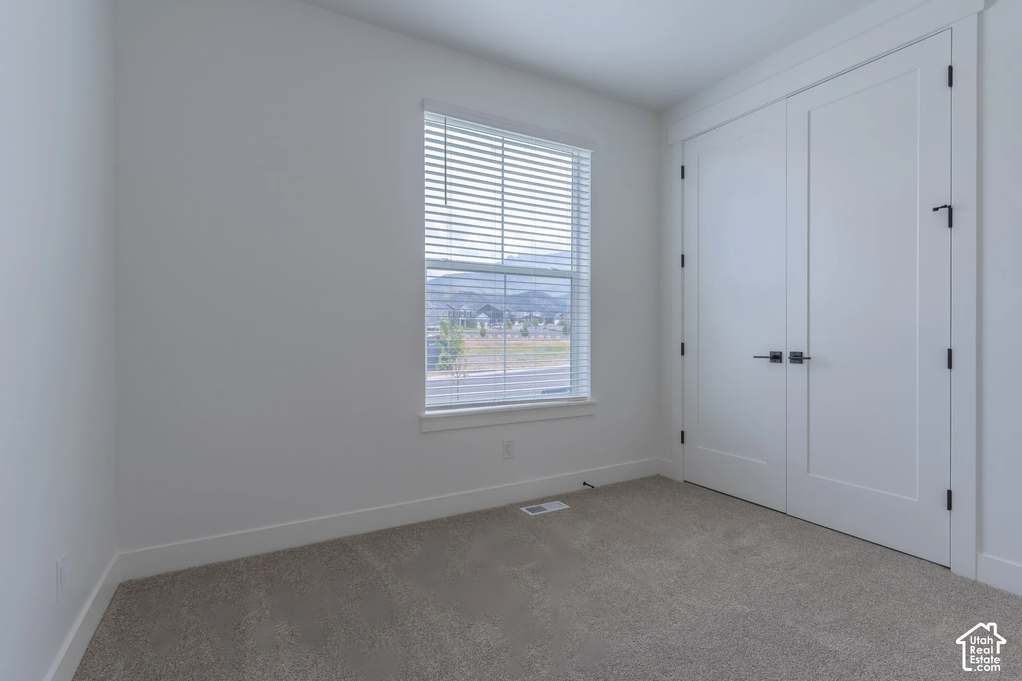 Neutral-toned wall-to-wall carpeting, double doors with matte black hardware, and a single-hung window with blinds