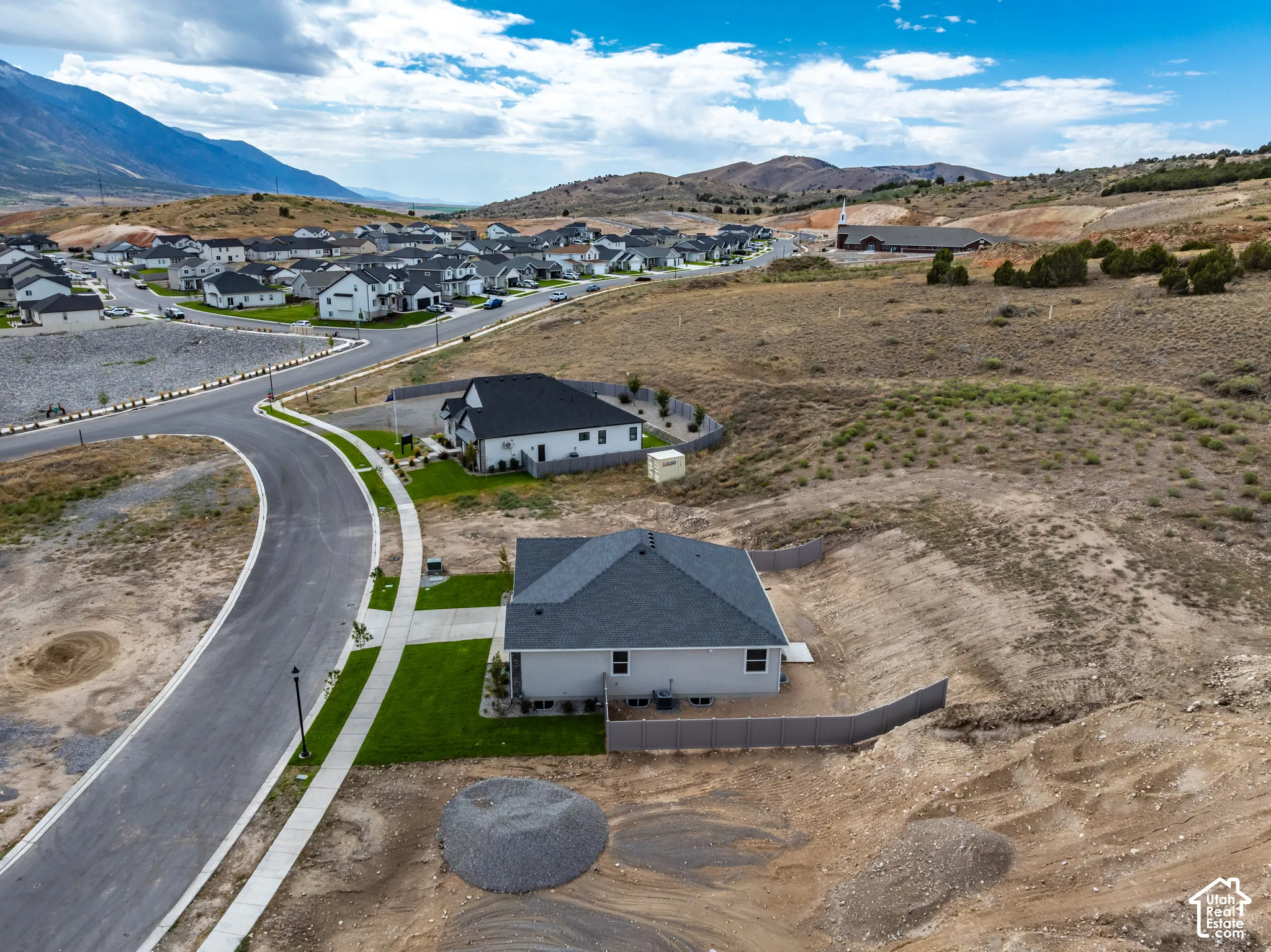 Aerial perspective featuring asphalt paved roads, concrete sidewalks, residences with gabled rooflines, and mountainous terrain