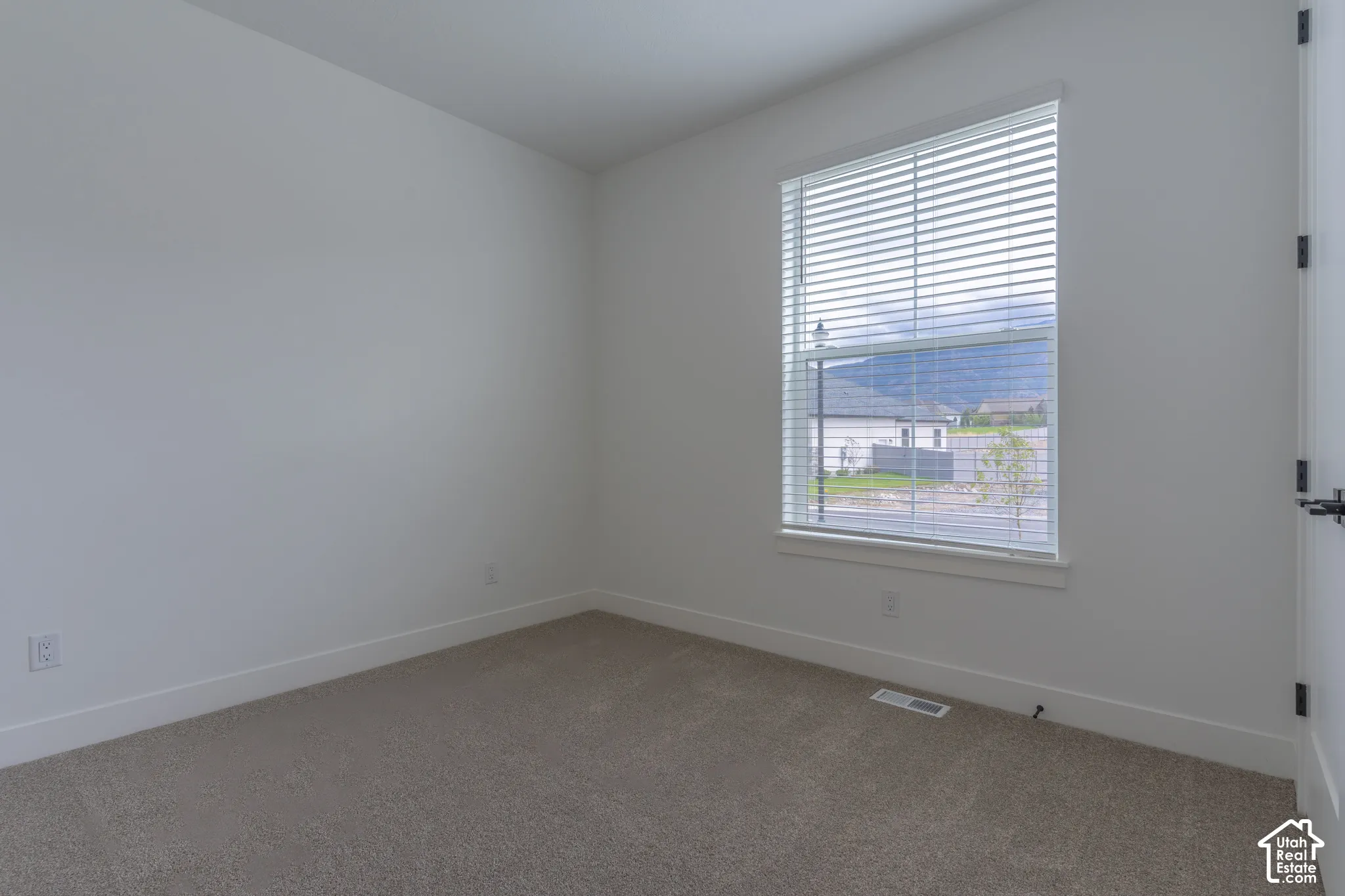Neutral-toned carpeted flooring, white wall finishes, and a single-pane window equipped with horizontal blinds