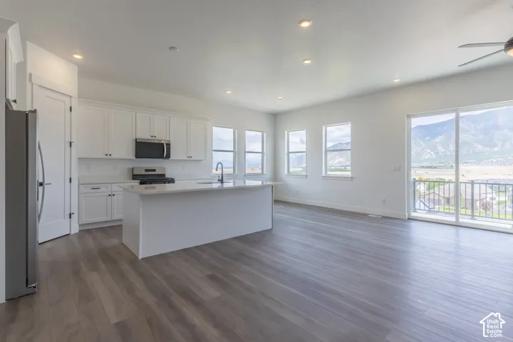 Kitchen featuring white cabinetry, an expansive central island with a solid-surface countertop, wood-finish flooring, recessed lighting, and a sliding glass door providing natural light