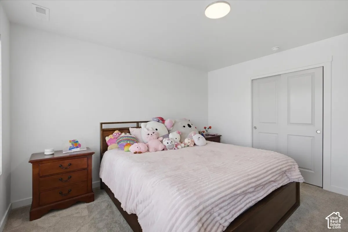 Neutral wall finish, carpeted flooring, sliding-panel closet door, and flush-mount ceiling lighting