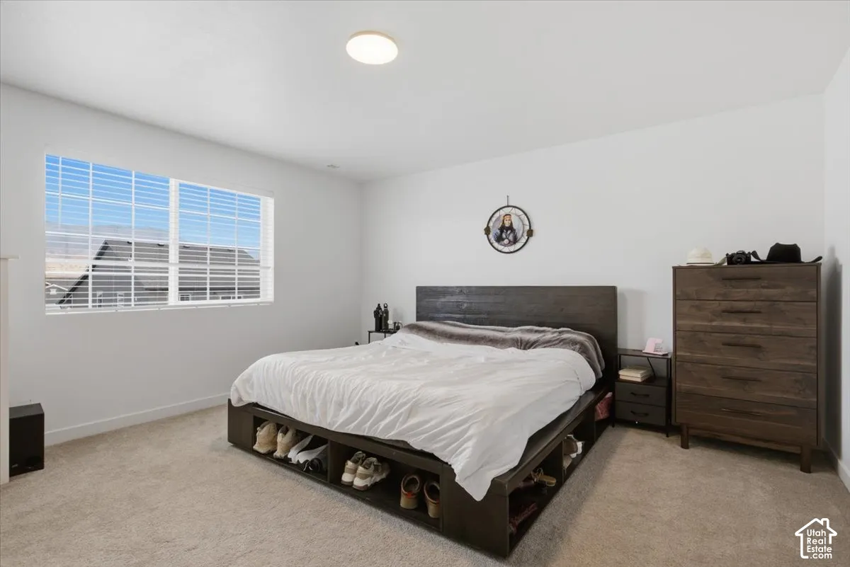 Neutral-toned wall paint, neutral carpeting, and a flush-mount ceiling light fixture