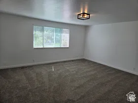 Neutral-toned carpeting, large window with horizontal blinds, and geometric matte black flush-mount ceiling fixture