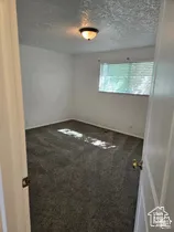 Neutral wall tones, wall-to-wall carpeting, single-pane window, and flush-mount ceiling lighting